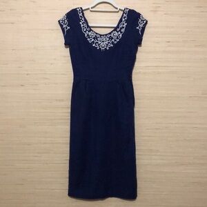 Vintage Jerry Gilden Spectator Elegant Navy Blue Embroidered Pencil Skirt Dress